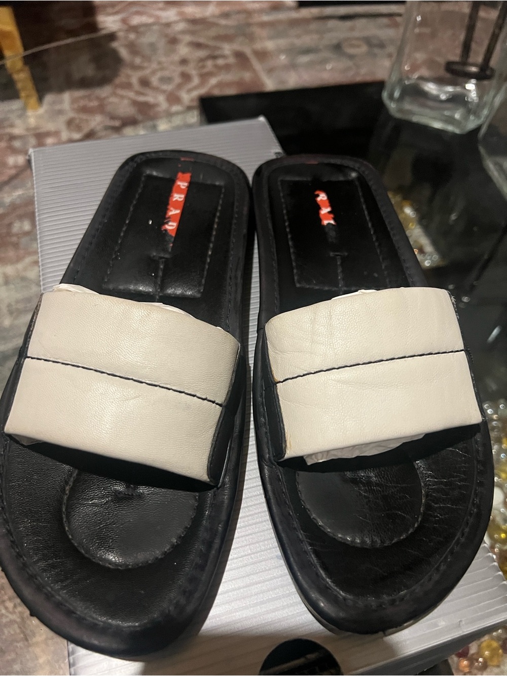 Prada Black & White Padded Leather Slide Mules - Picture 6 of 7